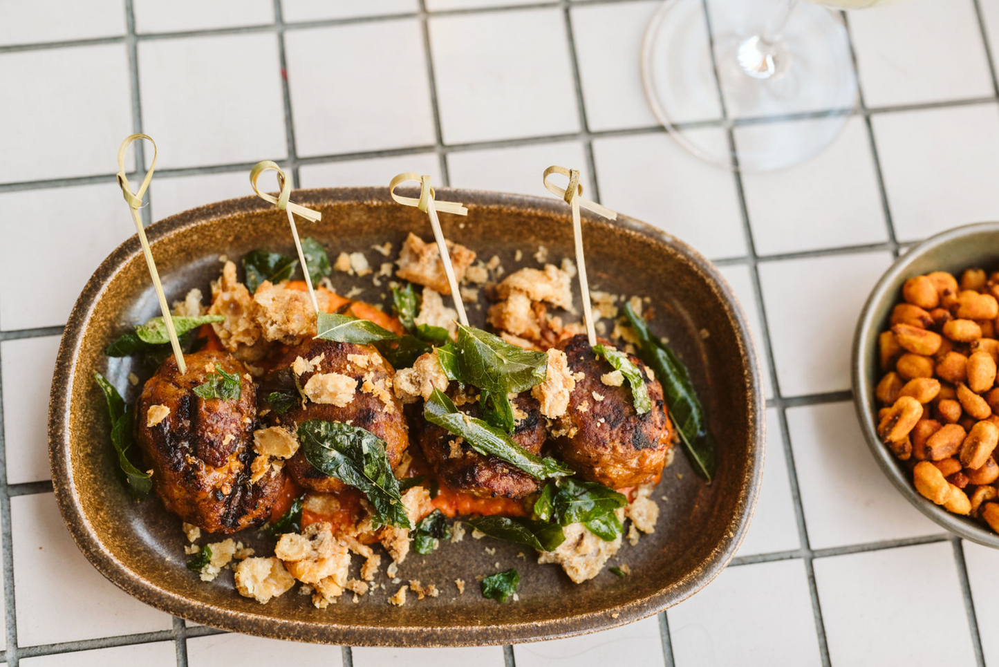 Chicken albondigas, crispy chicken skin, piri piri