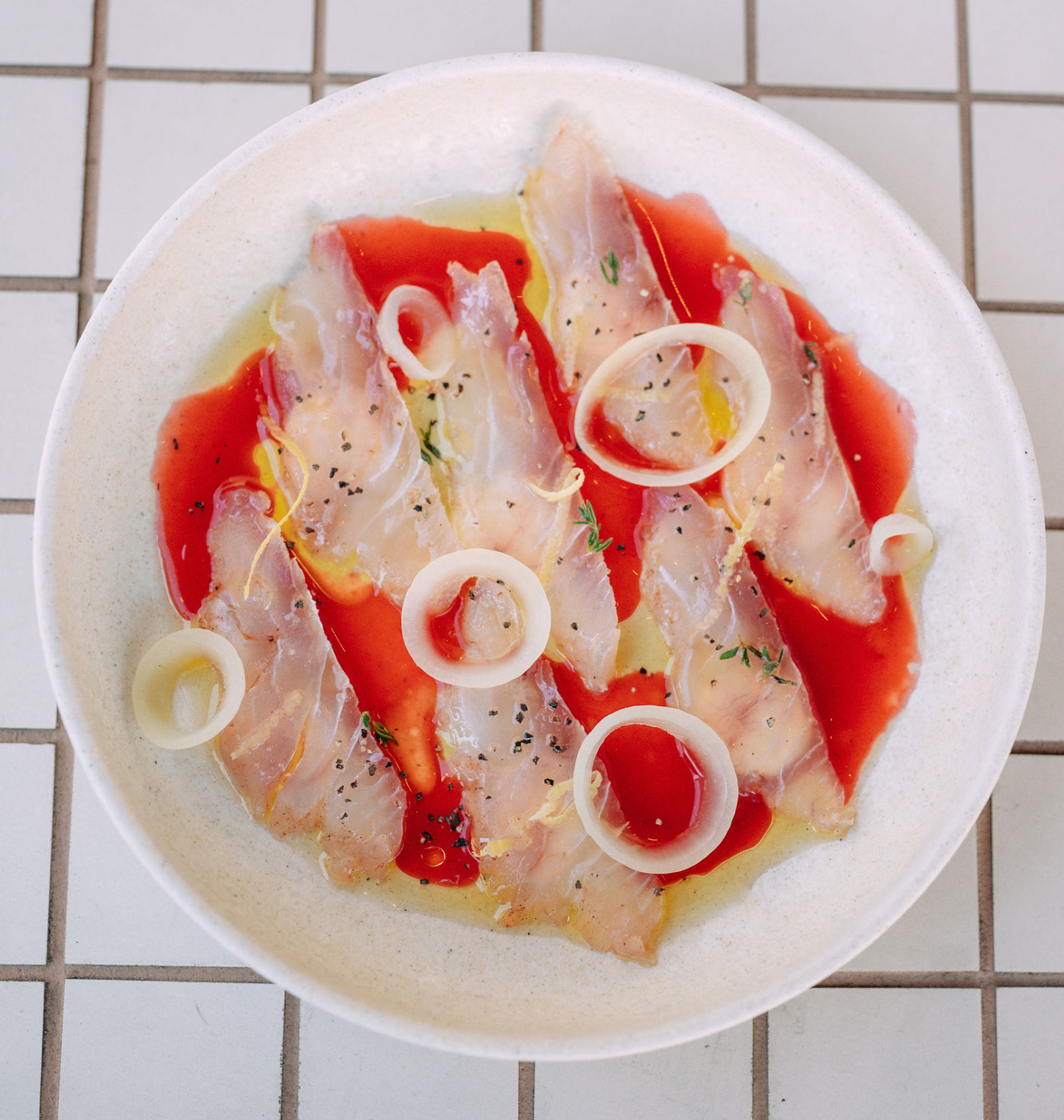 Cured snapper, creme fraiche, strawberry