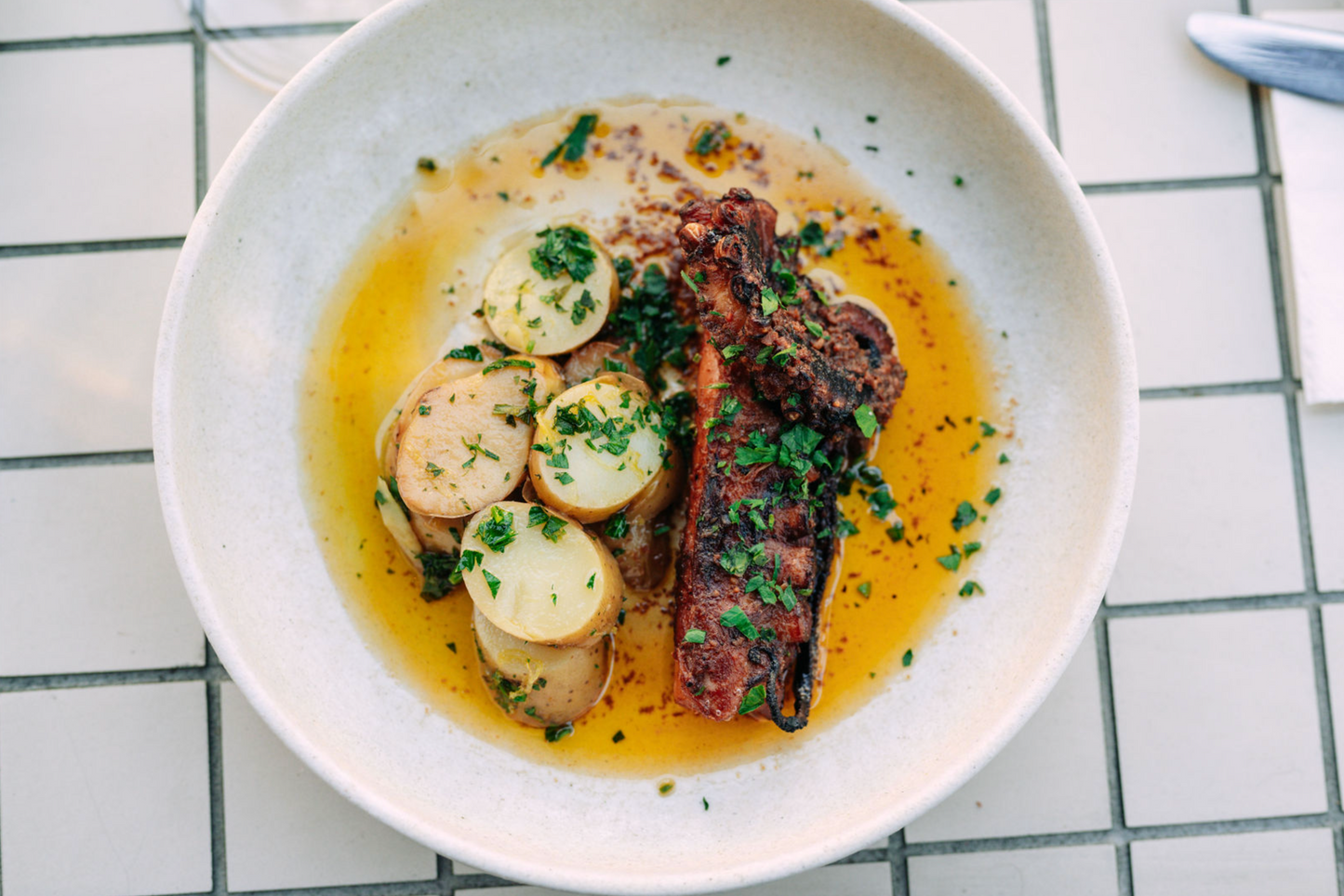 Fremantle octopus, thyme, kipflers ,chorizo oil